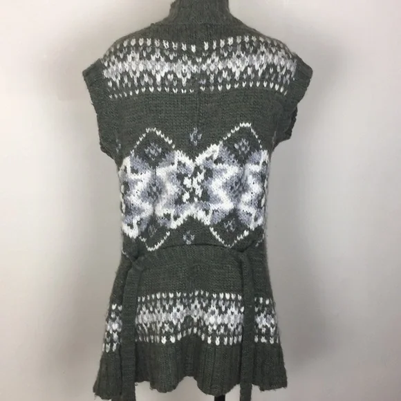 MOSSIMO Green White Nordic Thick Warm Sweater Cardigan Vest Belted - Picture 6 of 10